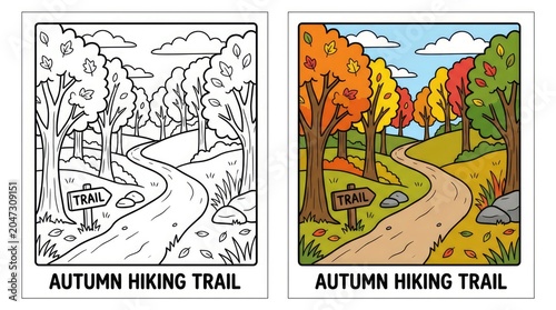 Autumn Hiking Trail Illustration A Colorful Path Through the Forest.