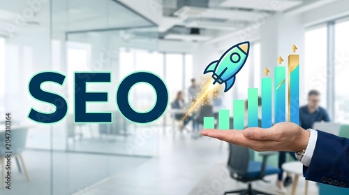 SEO search engine optimization concept with rocket launching from bar chart on businessman hand for digital marketing growth