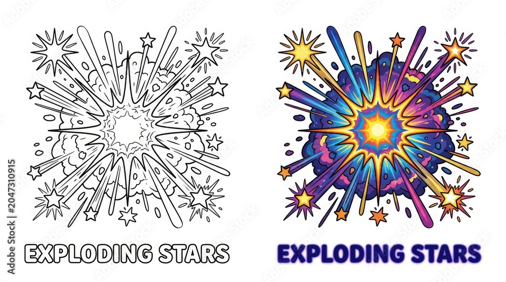 Obraz premium Colorful Exploding Stars Illustration with Outlined and Colored Versions.