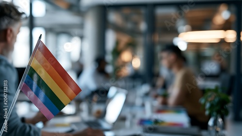 Rainbow flag displayed in modern office workspace. Concept of inclusive workplace, Pride Month, belonging, diversity and employee wellbeing