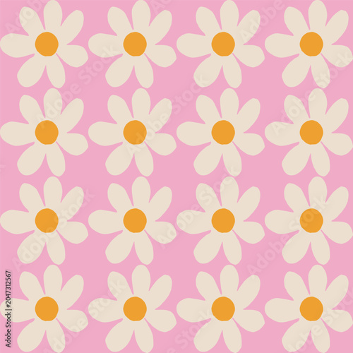 Single daisy motif repeated in a staggered all-over seamless layout. Bold, graphic flower head with rounded petals and a solid circular centre sits against a flat background. 