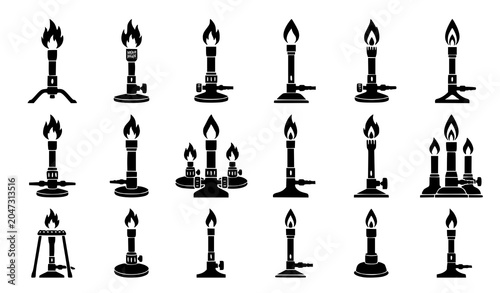 Photos Bunsen Burner Silhouette Vector Set with Laboratory Heating Equipment and Scient