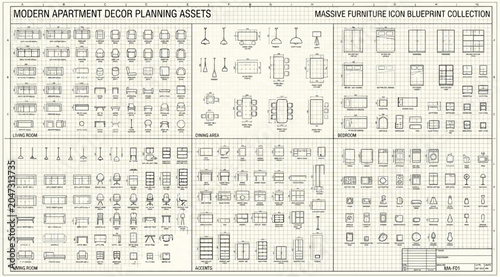 Bild auf Leinwand Modern apartment decor planning assets furniture icon blueprint collection