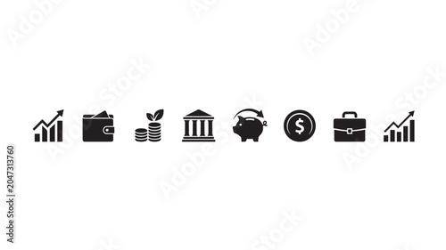 A set of eight black financial icons