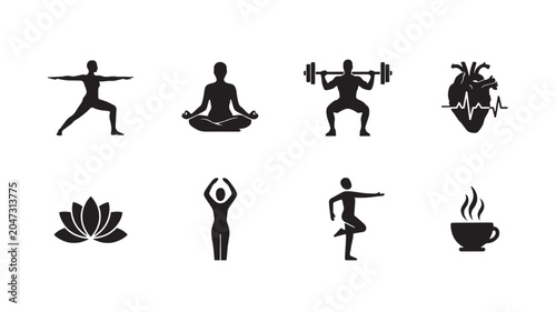 Collection of black silhouette icons for fitness and wellness