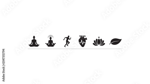 Black silhouettes of yoga and fitness icons
