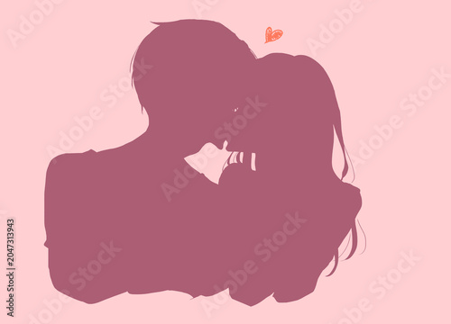 キスする男女　シルエット　ハート