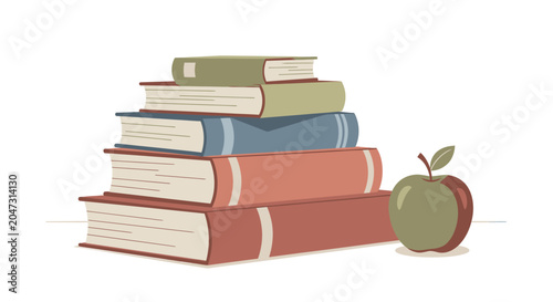Slika na platnu Stack of books with green apple.