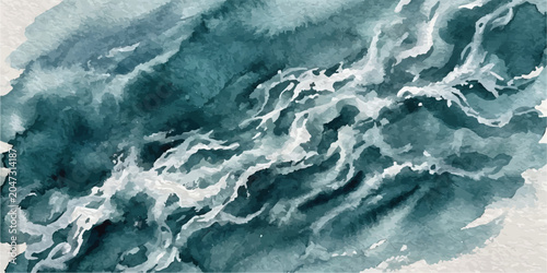Photography Expressive watercolor wash of rushing ocean water and sea foam with watercolor p