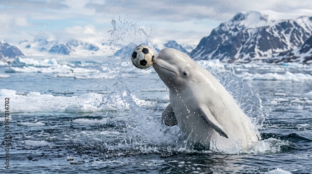 Obraz premium Beluga whale playing with a soccer ball in the Arctic Sea, realistic animal illustrations