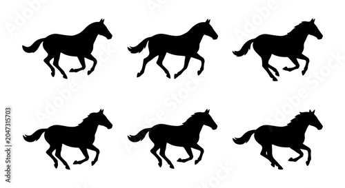 Fotografija Six Silhouette Horse Icons, Galloping Equine Vector Graphics, Animal Motion Set,