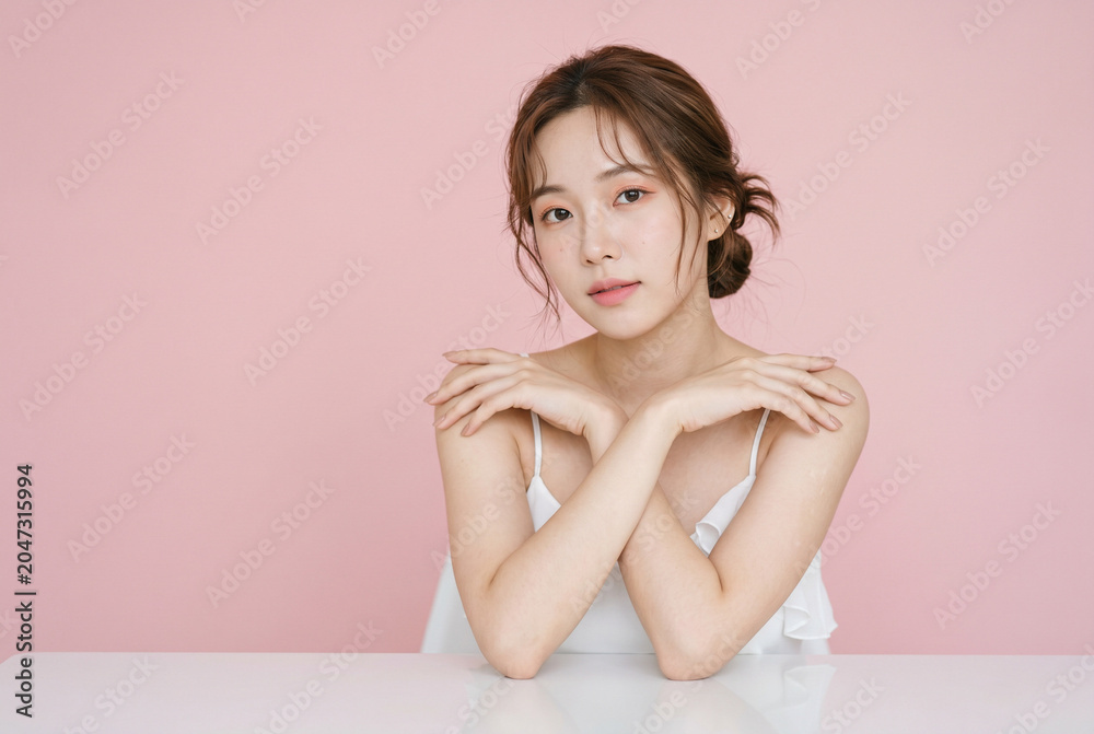 Naklejka premium ピンク背景で撮影されたリラックスした女性ポートレート写真