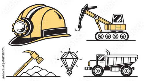 Mining industry tools and heavy machinery icons with construction, machinery