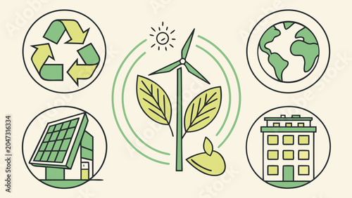 Eco friendly energy icons with wind solar recycling and global sustainability