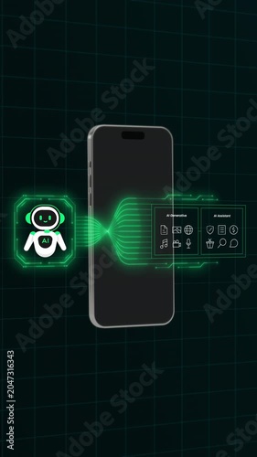 Portrait mobile phone screen showing smart generative AI assistant application with floating multimedia icon grids and metrics.