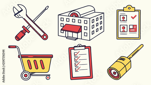 Business operational workflow maintenance and management icon set with business