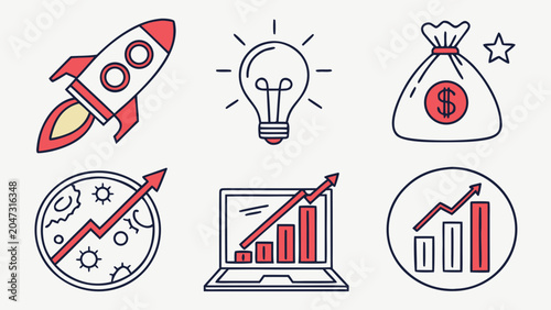 Startup business innovation growth and success strategy icons with business