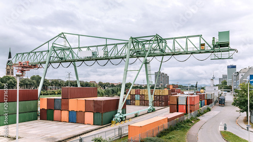 Photos Industrial Port of Mannheim with Crane and Shipping Containers, Schokinag Area,