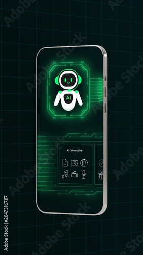 Dual vertical smartphone display visualizing green generative AI assistant interfaces and automated content systems.