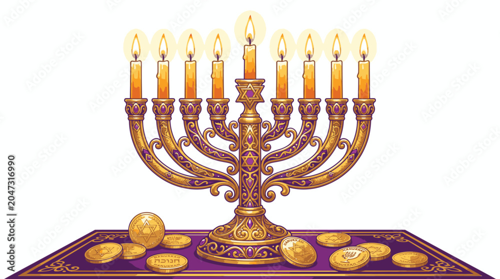 Fototapeta premium Menorah with candles and gold coins.