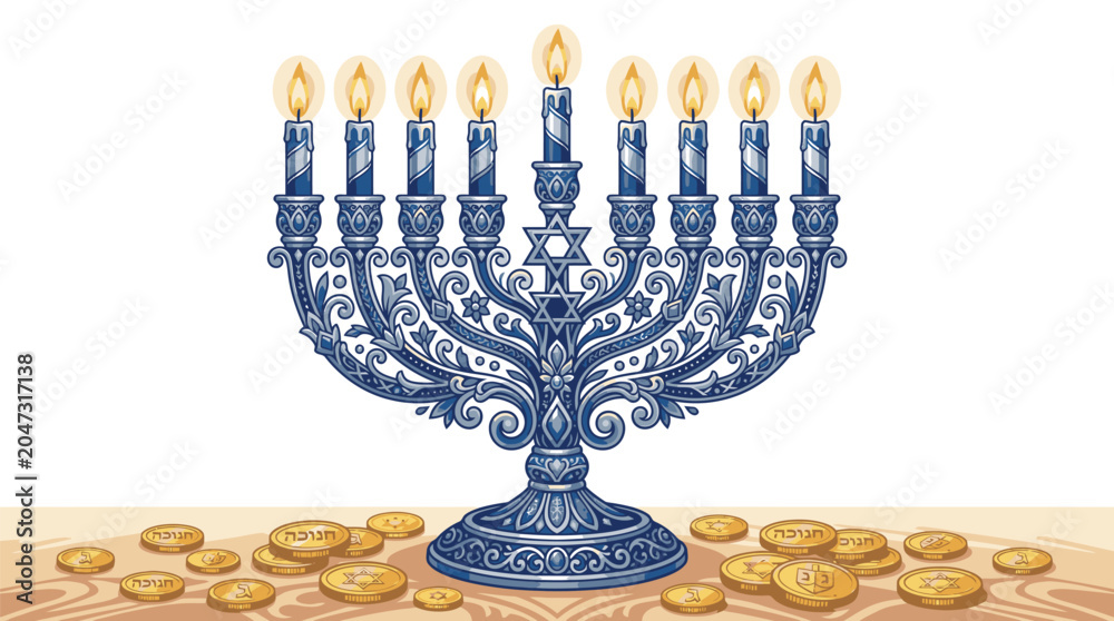Fototapeta premium Blue Menorah With Gold Coins.