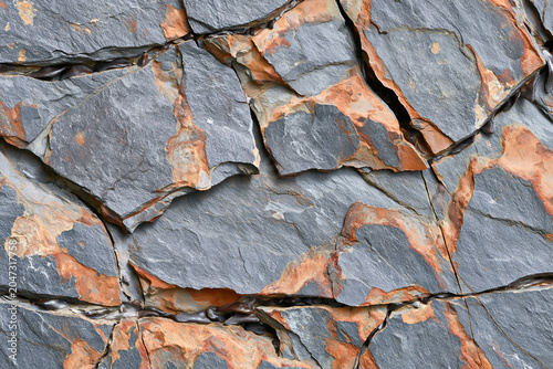 Bild auf Leinwand Natural grey stone wall with rust orange accents texture background