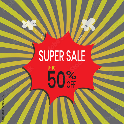 Pop Art Style Super Sale Banner with 50 percent Off Promo.
