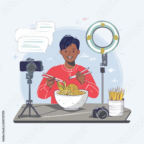 Content Creator Eating Noodles with Ring Light and Camera