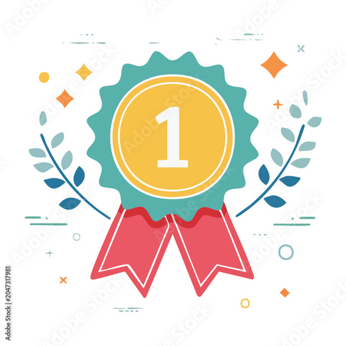 Flat design illustration of a first place medal with laurel wreath