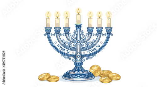 Foto Blue Menorah With Gold Coins Hanukkah.