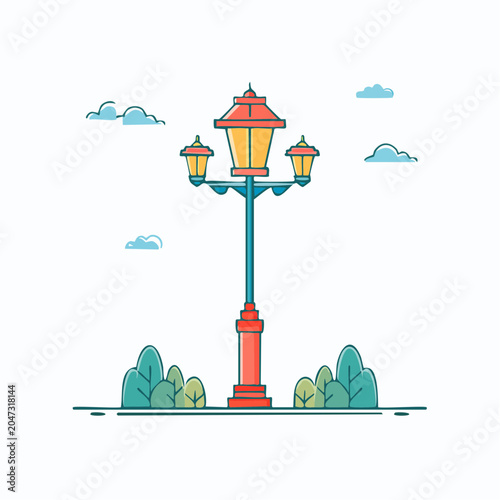 Vintage Street Lamp with Three Lights and Greenery