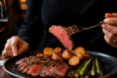 Fork holding juicy medium rare beef steak slice above plate