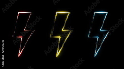Neon Halftone Lightning Bolt Icons Set Abstract Electric Energy Symbols