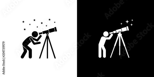 Foto Astronomer observing stars with telescope on tripod, dark night sky