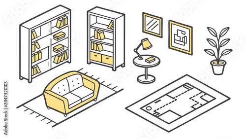 Isometric living room interior furniture elements set with furniture, isometric
