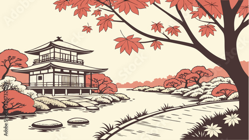Japanese traditional temple garden scene with landscape tranquil architecture