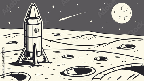 Retro space rocket landing on moon surface with exploration astronomy universe