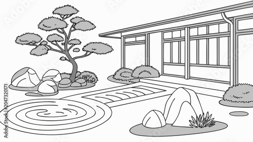 Japanese zen garden and modern building exterior with architecture, minimalist