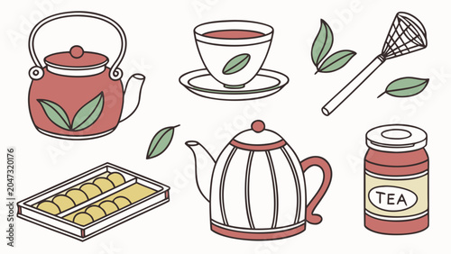 Tea time accessories collection with teapot and cup beverage kitchenware