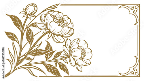 Golden peony flower illustration with decorative border frame, botanical