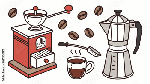 Coffee brewing accessories set with grinder moka pot and cup espresso beverage
