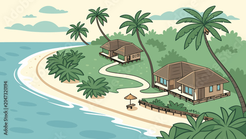 Tropical beach island resort with bungalows and palm trees tropical bungalow