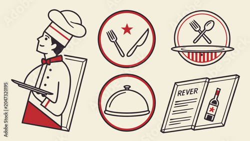 Restaurant chef and dining service icons with restaurant culinary hospitality