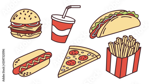 Fast food icons set illustration with fastfood junkfood illustration snacking
