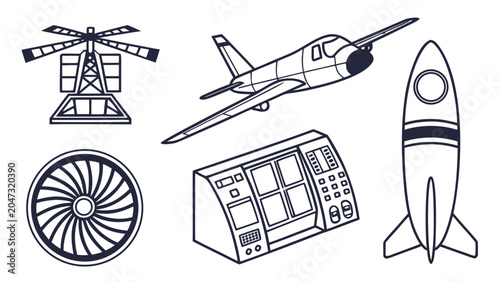Aviation and aerospace technology set with aircraft and rocket icons, aviation