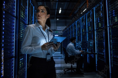 Futuristic data center technician, server rack aisle maintenance, woman holding tablet in blue network operations room isolated PNG with Transparent Background