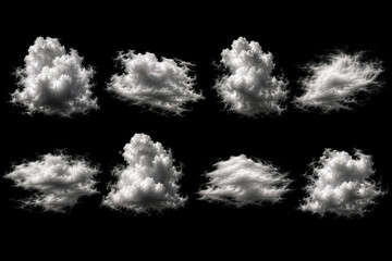 Set of Realistic White Cloud Shapes on Black Background