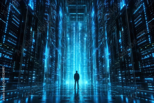 Futuristic data center corridor, glowing blue server racks, lone human silhouette in cyberpunk network technology scene isolated PNG with Transparent Background