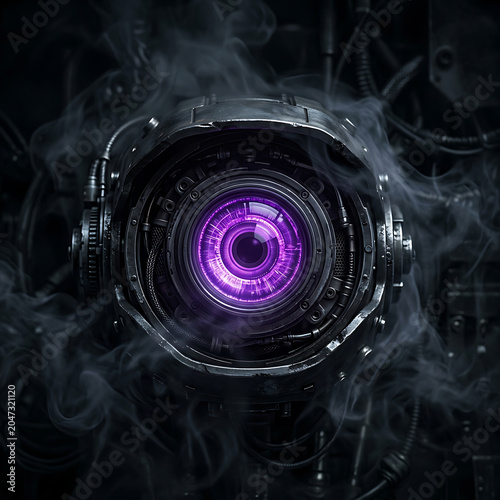 Sci-fi Robotic Eye with Violet Glow Amidst Mysterious Smoke and Machinery