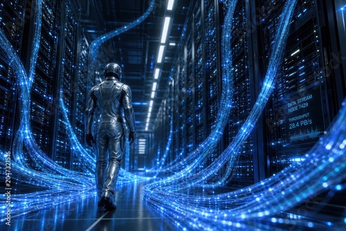 Futuristic digital network corridor, humanoid robot walking in data center, blue glowing AI technology and cybersecurity concept isolated PNG with Transparent Background